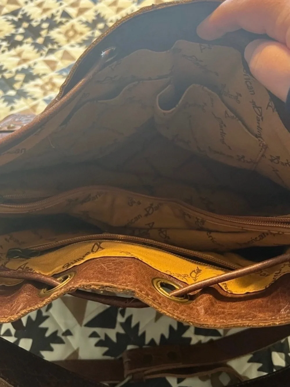 American Darling Brown Leather Patch Tote with Mustard Lining